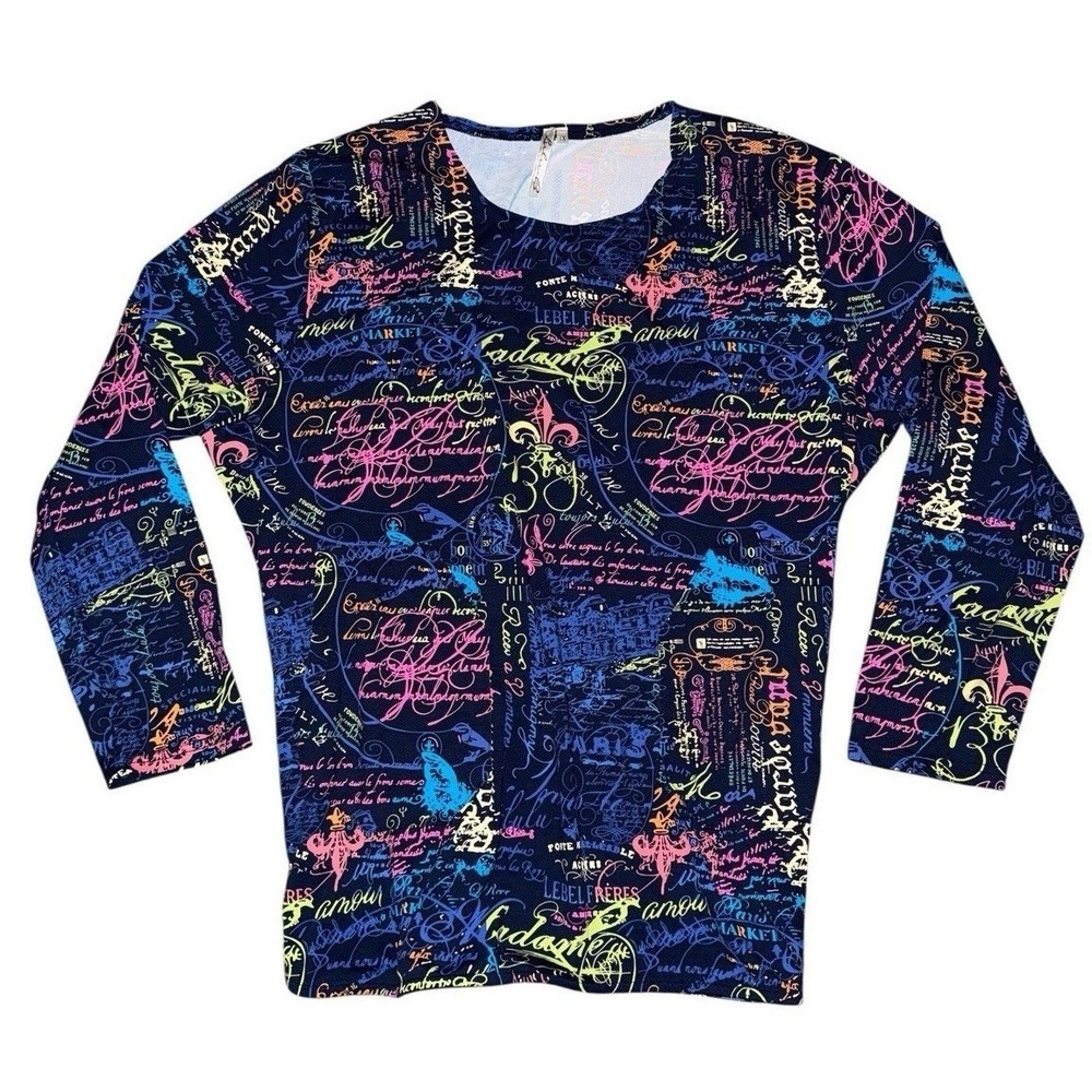 Lulu-B Top Women 1X Navy Multicolor Script Print 3/4 Sleeve Scoop Neck Stretch